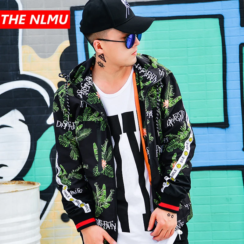 Мужская ветровка в стиле Харадзюку уличная с капюшоном и принтом виде листиков