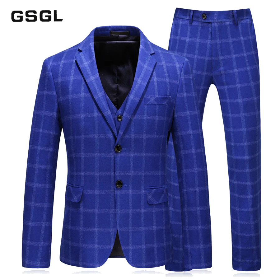Royal Blue Plaid Suit Men Slim Fit Wedding Suits for Men High Quality Business Formal Suits 3 Piece