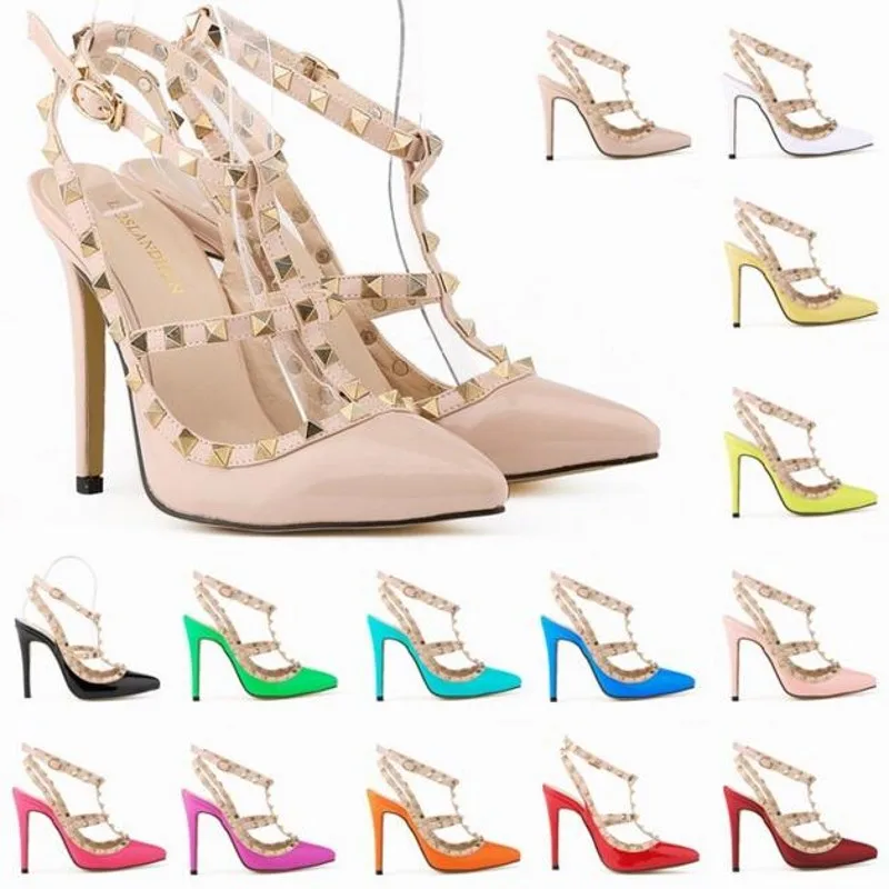 2017 Fashion Party Women's Pumps Shoes Pointed Top Patent Leather Buckle Strap Women sandals New Rivet OL Thin High-heeled 11 cm | Обувь