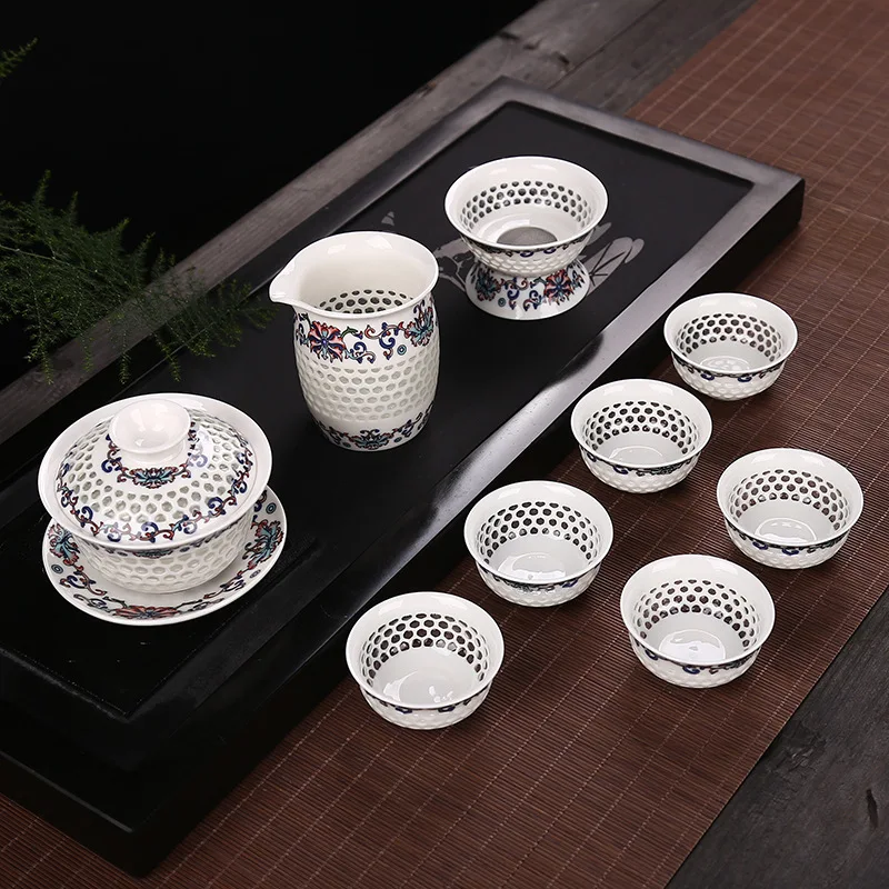 9 шт. сотовая фотокерамика синий и белый фарфор 1 * Gaiwan (чайник) + 6 чайные чашки