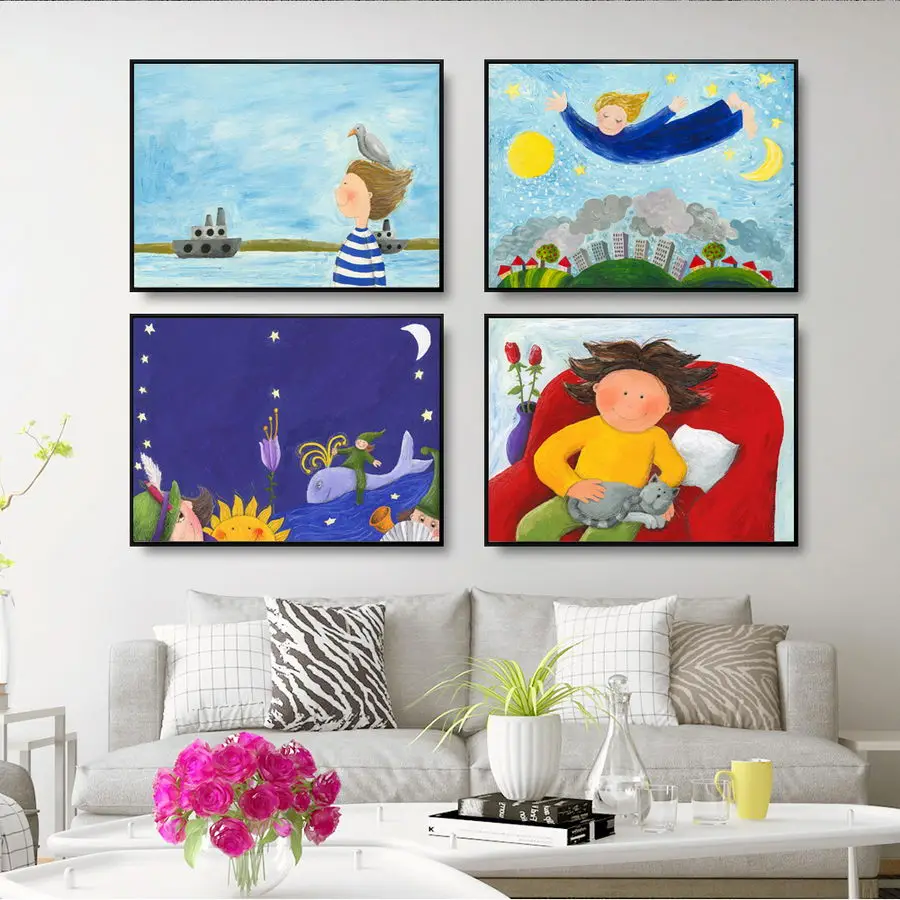 Home Decoration Print Canvas Wall Art Picture Poster Paintings Horizontal Children's style cartoon Good Night Moon | Дом и сад