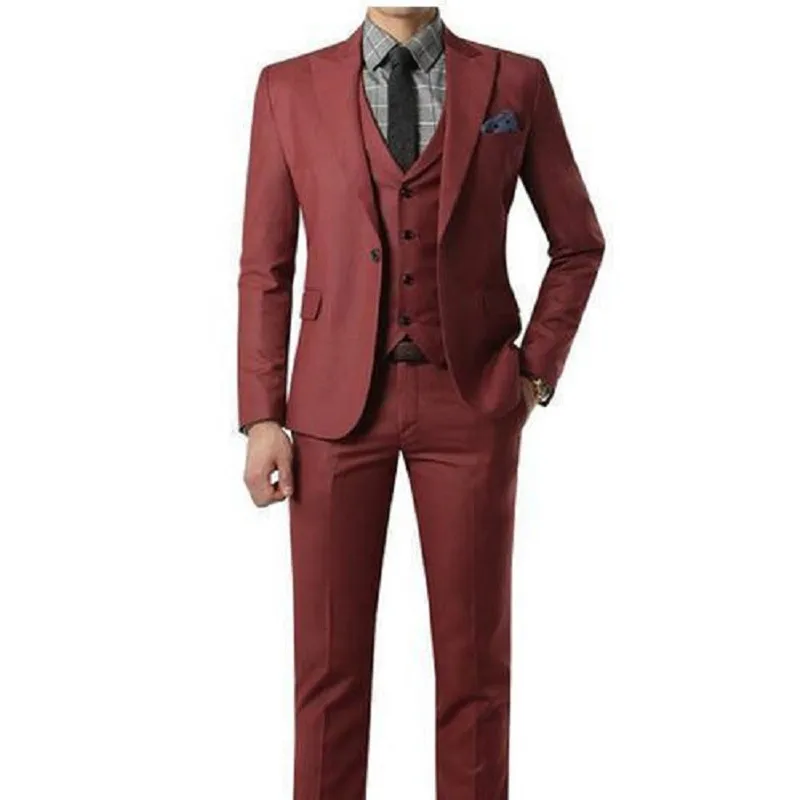 

New Wine Red 3 Pieces Gentle Men Suits Set Wedding Dress One Button Blazer Fashion Formal Dress Custom Prom Terno Masculino