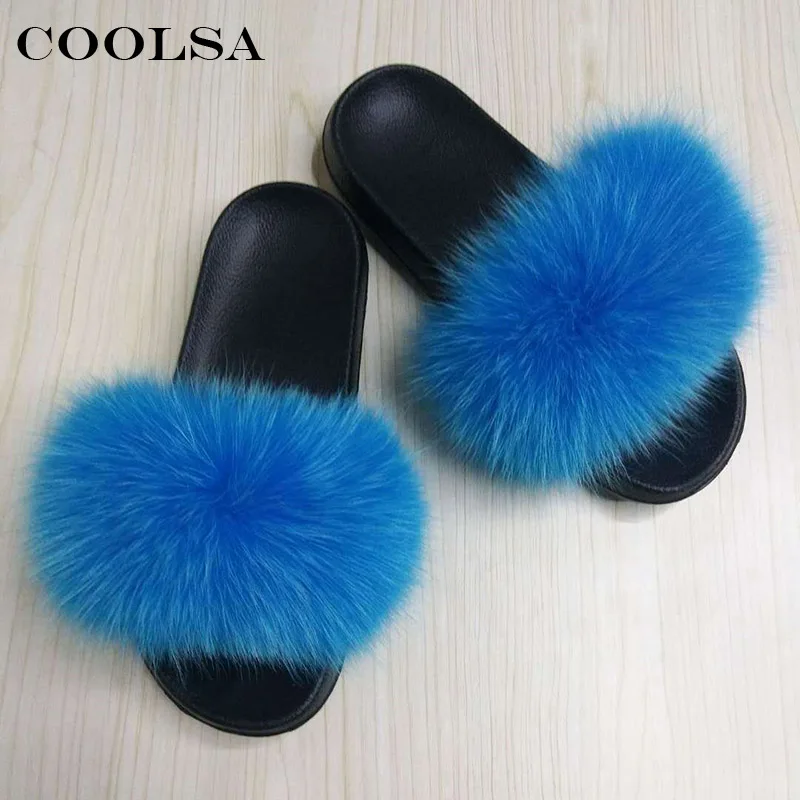 Lake Blue Coolsa летний Для женщин лиса Мех животных Шлёпанцы для женщин пушистый действительно Мех животных лиса волосы Направляющие плоской подошве плюшевые Обувь дома Сланцы женские пляжные сандалии - Цвет: Lake Blue