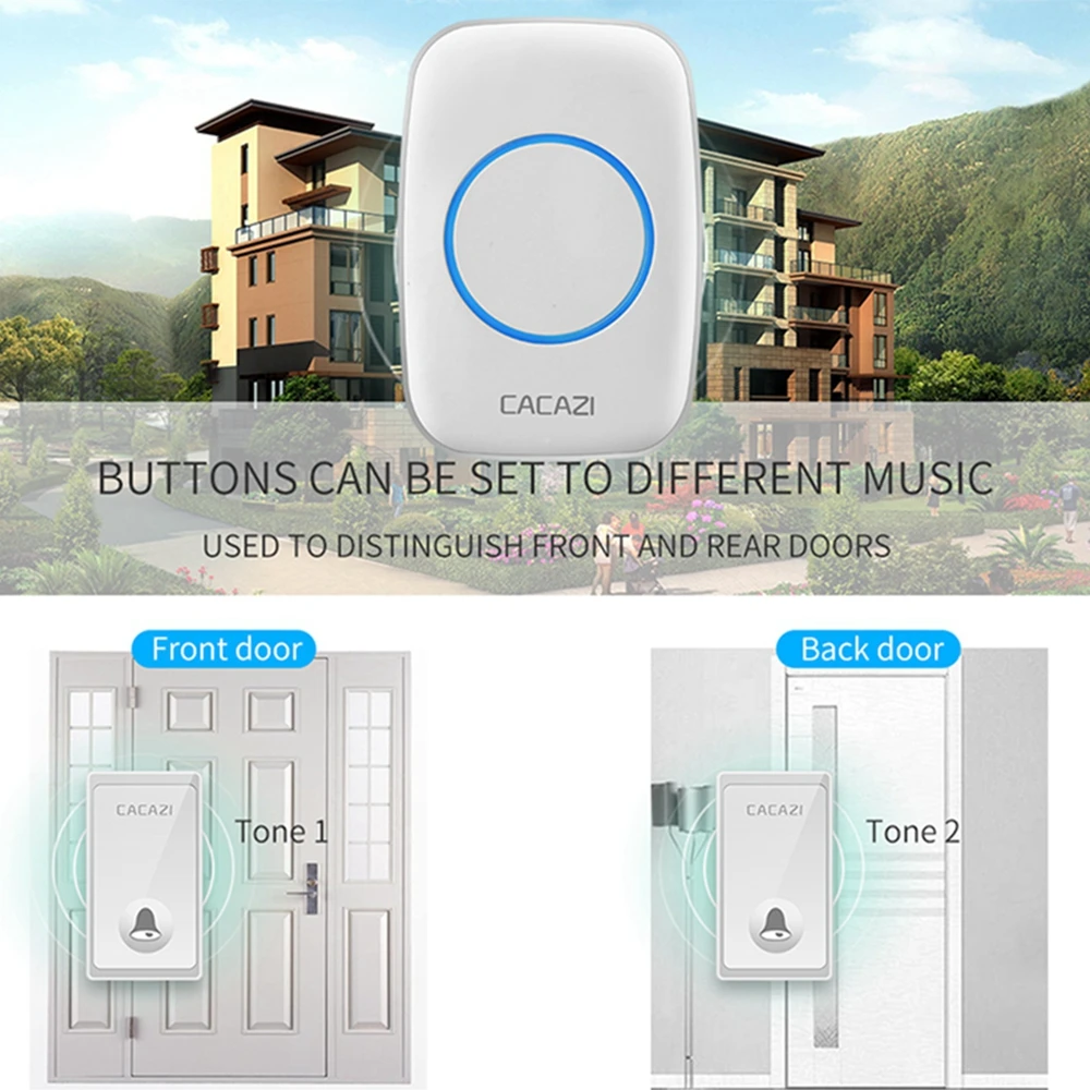 Беспроводной дверной звонок CACAZI автономный водонепроницаемый двухкнопочный с