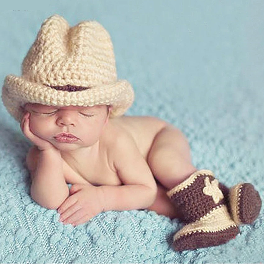 Baby photography props cow boy costume crochet hat shoes newborn outfit baby caps infant girl photo fotografia accessories | Детская