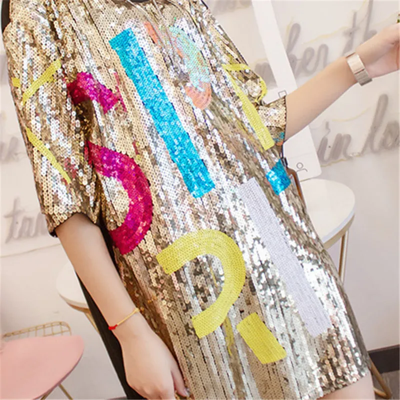 Мода лето 2019 блёстки хип хоп футболка Женская длинная с круглым вырезом Топы