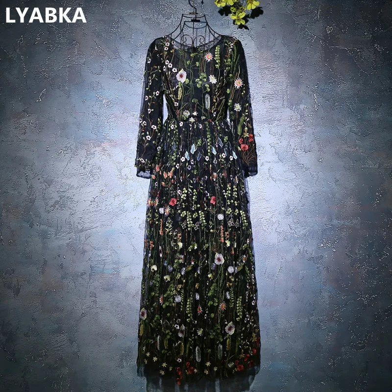 Robe De Soiree вечерние платья с длинными рукавами, высокое качество, вечернее платье, черный тюл с цветами, вечерние платья вечерние платья