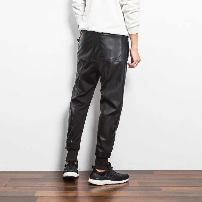 Мужские шаровары из искусственной кожи в стиле хип хоп черные спортивные брюки
