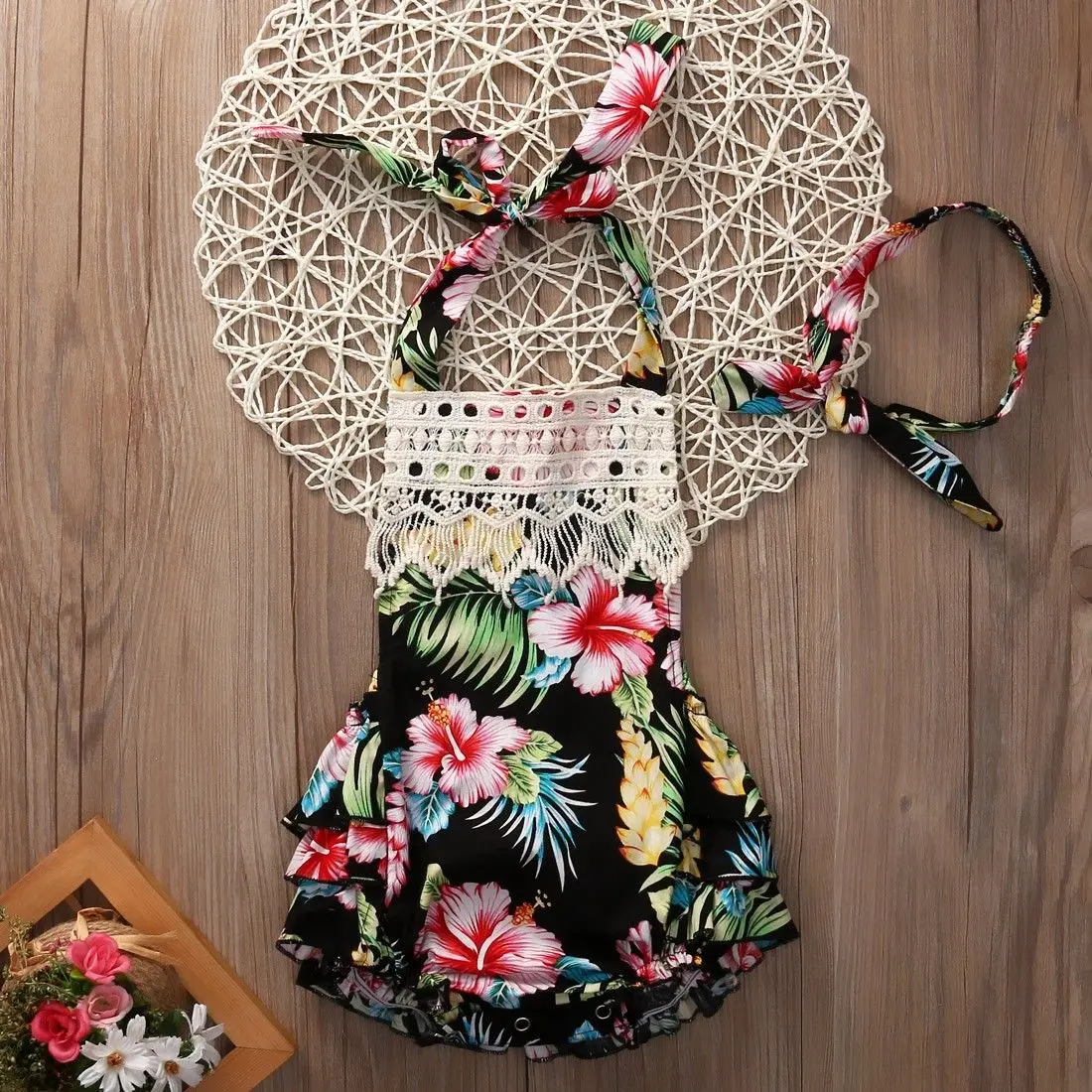 2017 детская одежда с цветочным рисунком для девочек Летний комбинезон без рукавов