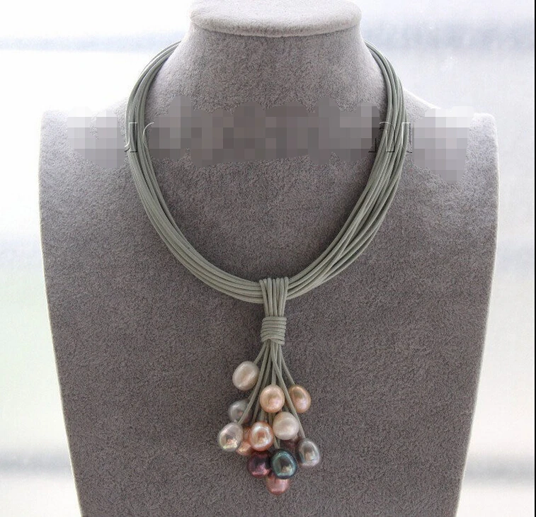 

I8T8U FREE shipping>>> >>>16" 14mm white gray black pink pearls gray leather necklace magnet clasp j9569