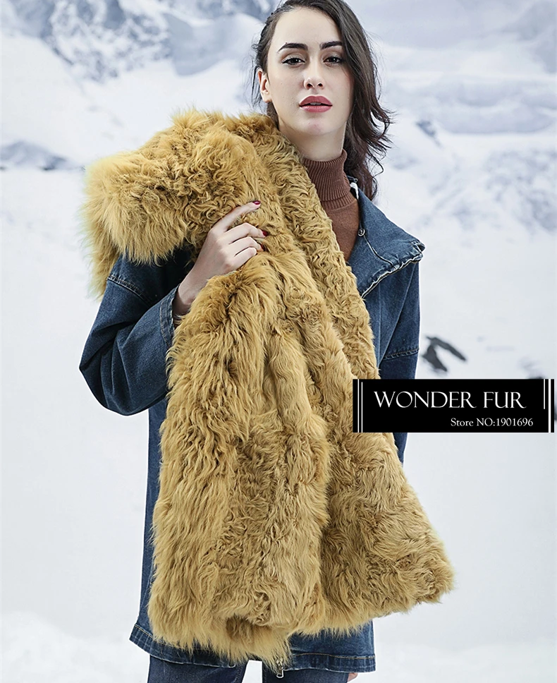 Забавный стиль меховые джинсы из овечьей шерсти для девочек куртка теплая с
