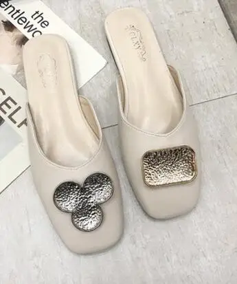 beige style-5 Шлепанцы с закрытым носком; летние женские туфли без задника с бантом, пряжкой, металлическим украшением; шлепанцы без застежки на полой подошве; брендовые Вьетнамки; zapatos - Цвет: beige style-5