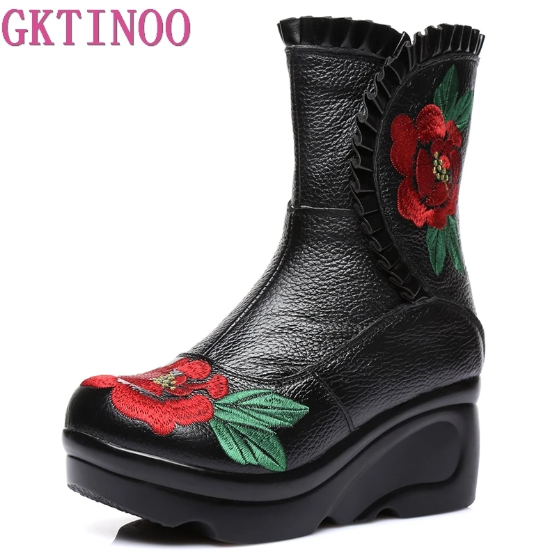 Модные женские зимние ботинки GKTINOO из натуральной кожи с вышивкой винтажные