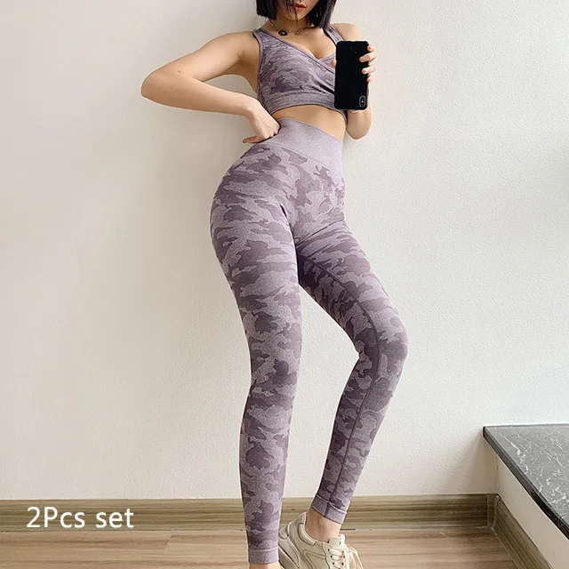 Purple 2Pcs Set Камуфляжный бесшовный спортивный комплект из 2 предметов, спортивный костюм для бега, камуфляжный комплект для тренировок и фитнеса для женщин, бесшовное для тренировки, комплект спортивной одежды - Цвет: Purple 2Pcs Set