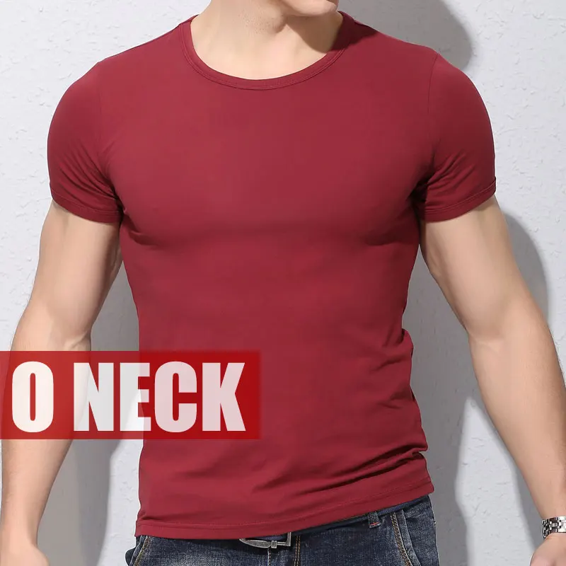 O Collar Wine Новинка, стильная мужская летняя футболка с коротким рукавом, облегающие хлопковые футболки с v-образным вырезом для мужчин, большие размеры до 4XL 5XL, мужские футболки для фитнеса - Цвет: O Collar Wine