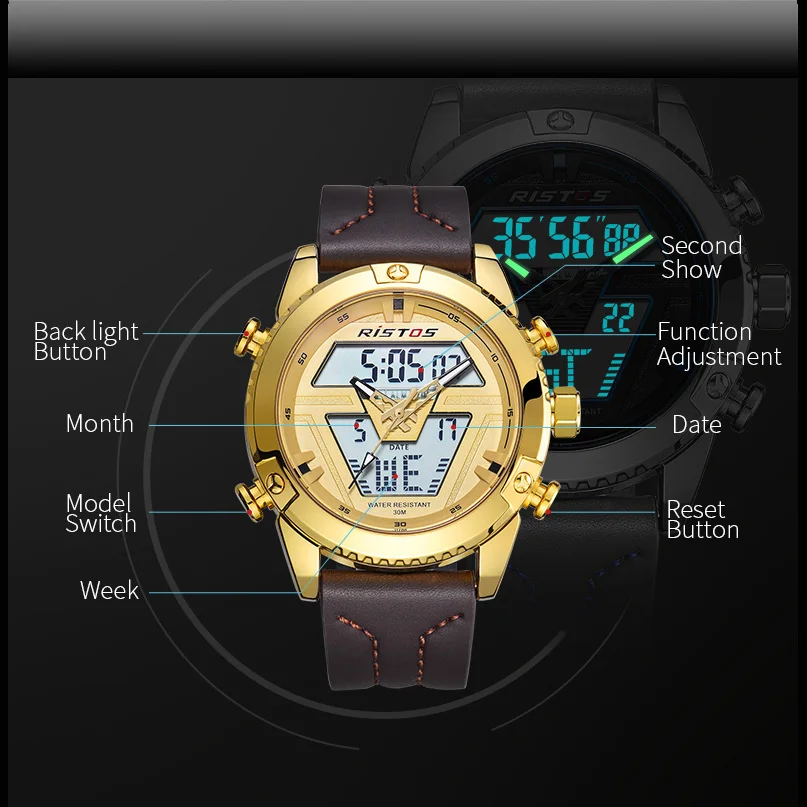 RISTOS двойной Displayy Для мужчин s часы кожаные спортивные Человек смотрит кварцевые