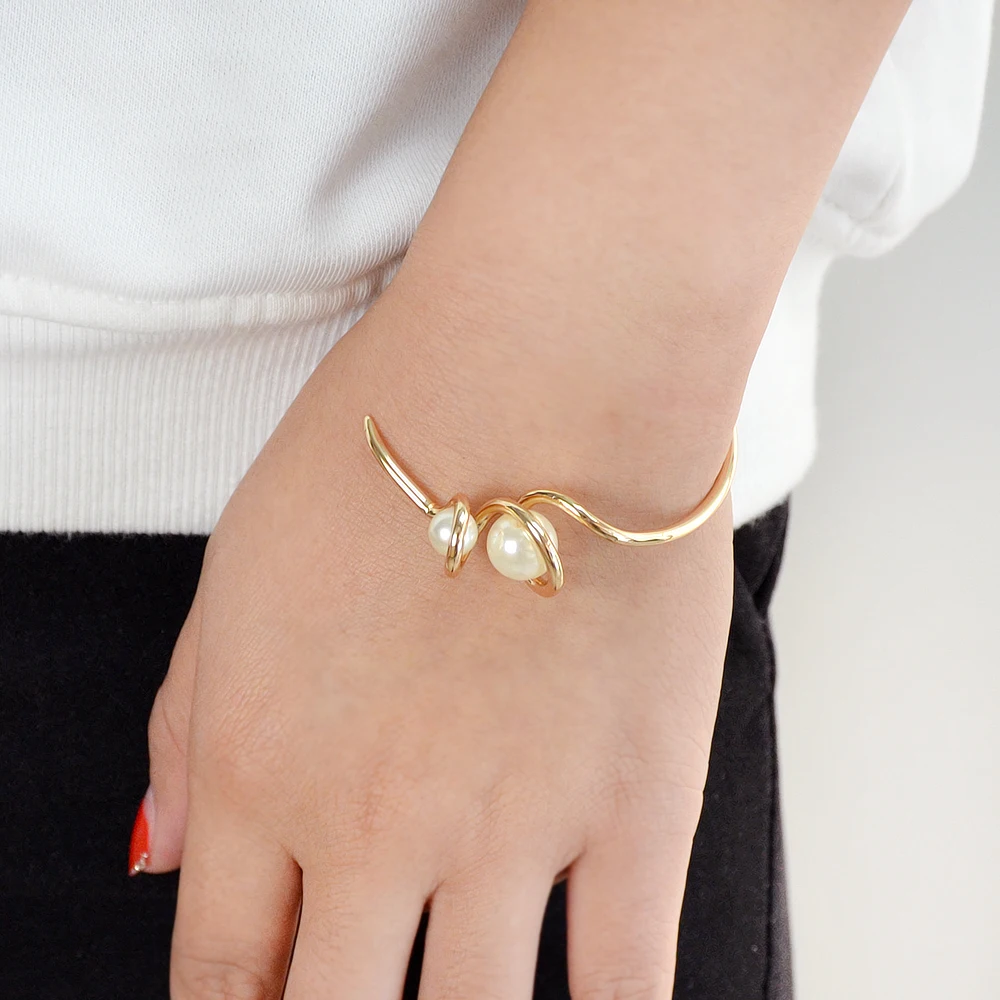 Kayshine Rock Punk Minimalist Gold Color Chain With Simulated pearl Geometric Shape Open Cuff Bangle For Women Accessories|bangles for women|women