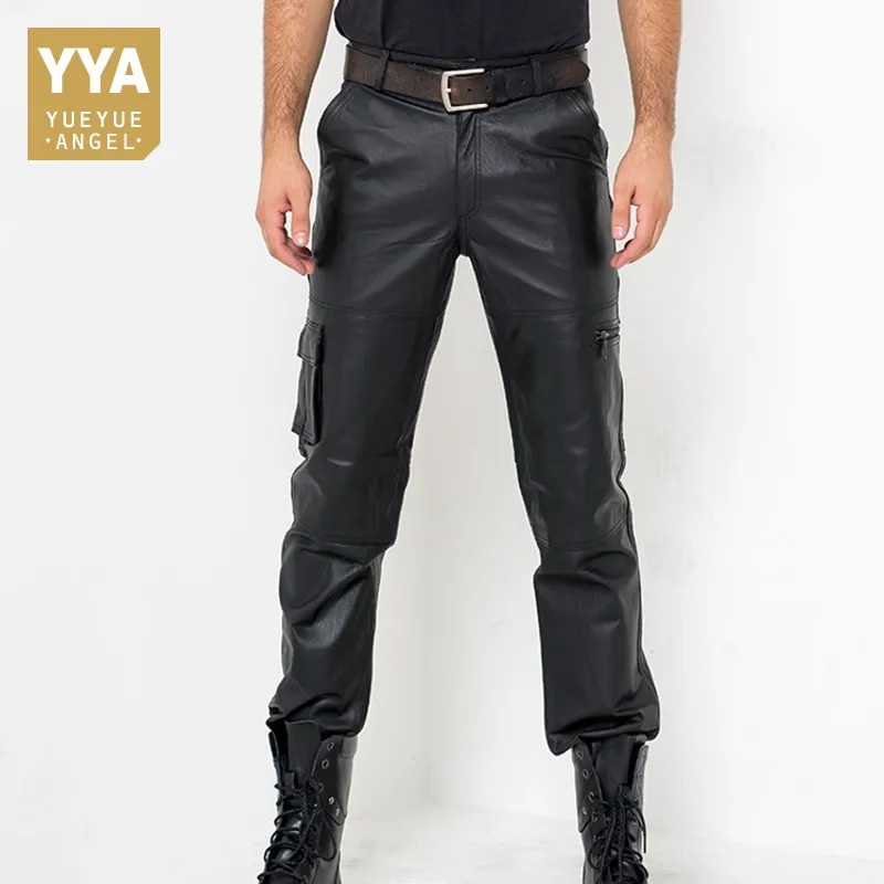 

Мужские Модные осенние повседневные брюки Calca Masculina из натуральной кожи, уличная одежда, стиль мотора, мужские классические удобные длинные ...