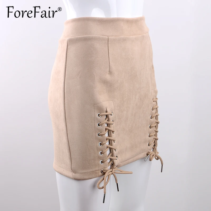 Forefair замшевые кожаные юбки женские s осень зима черная юбка женская Винтажная с высокой талией на шнуровке мини-юбка
