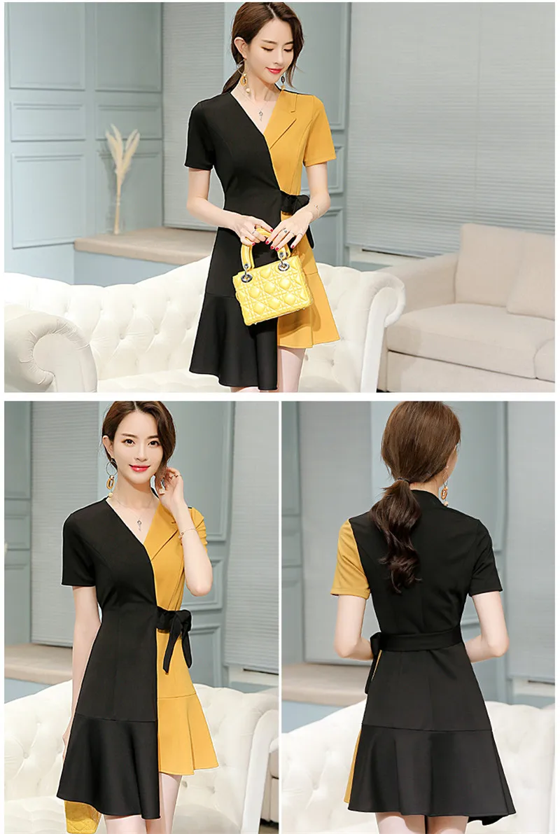 Модное женское летнее платье новое черное желтое лоскутное платье с коротким рукавом ассиметричное женское платье с поясом x654