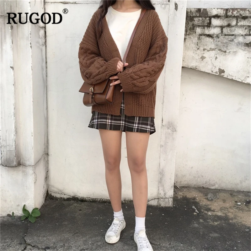 RUGOD Модный женский Однотонный свитер осень зима толстый Повседневный вязаный кардиган с v-образным вырезом больших размеров для женщин Sueter Mujer