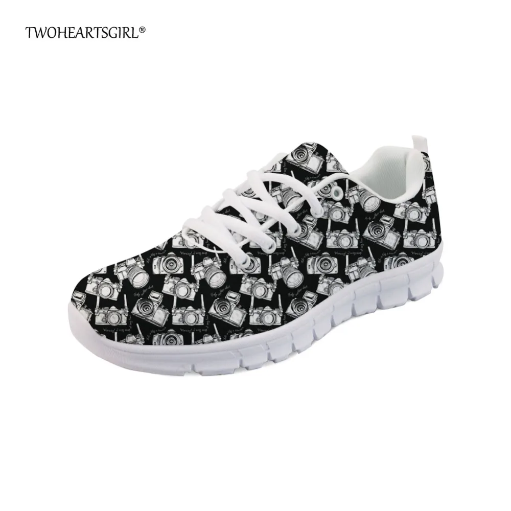 

Twoheartsgirl Hipster Camera Pattern Women Mesh Shoes Breathable Spring Summer Sneakers Comfortable Ladies Lace Up Flats Plus