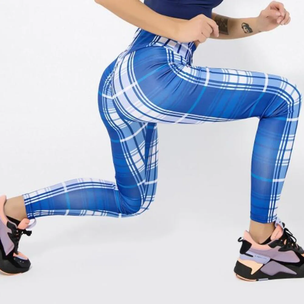 2019 Модные женские гетры для фитнеса Высокая Талия ВОРКАУТ отжимания плед печати