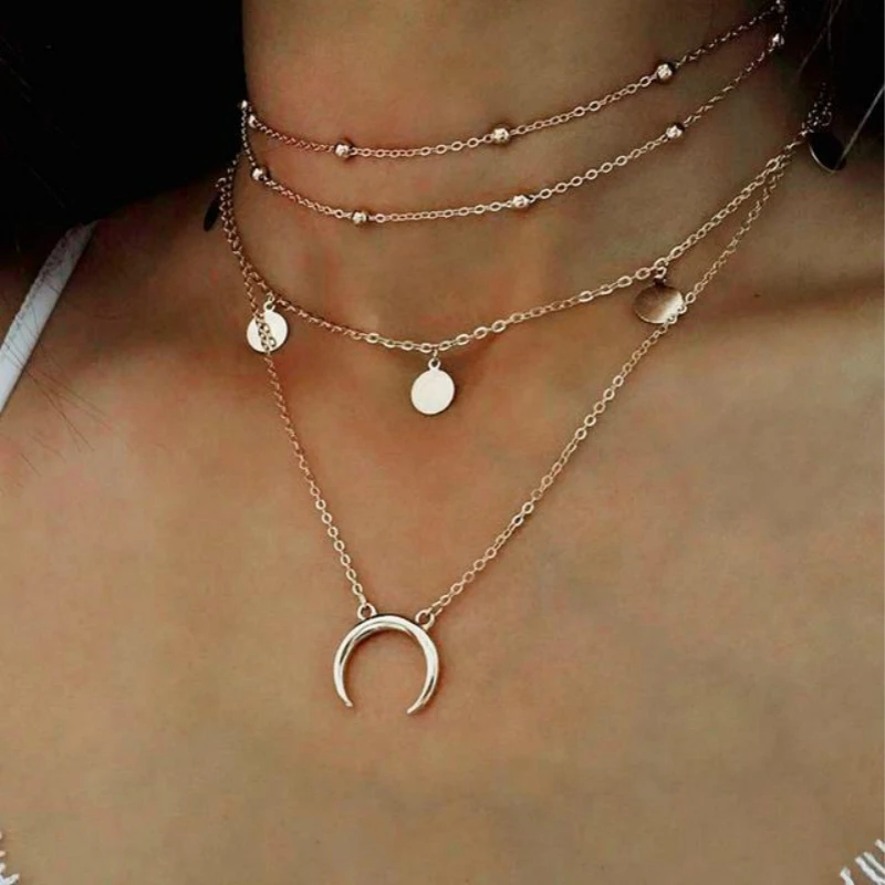 Новый Boho 4 слоя блёстки из бисера ожерелье SimplreGold серебряная луна циркона