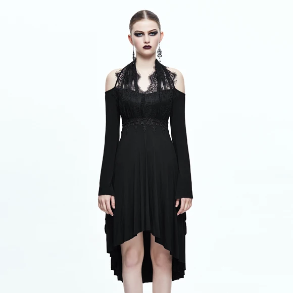 

Devil Fashion Gothic Punk Women's Dresses Black Fit And Flare Mid-Calf Dresses Empire Embroidery Halter Irregular Hollow Dresses