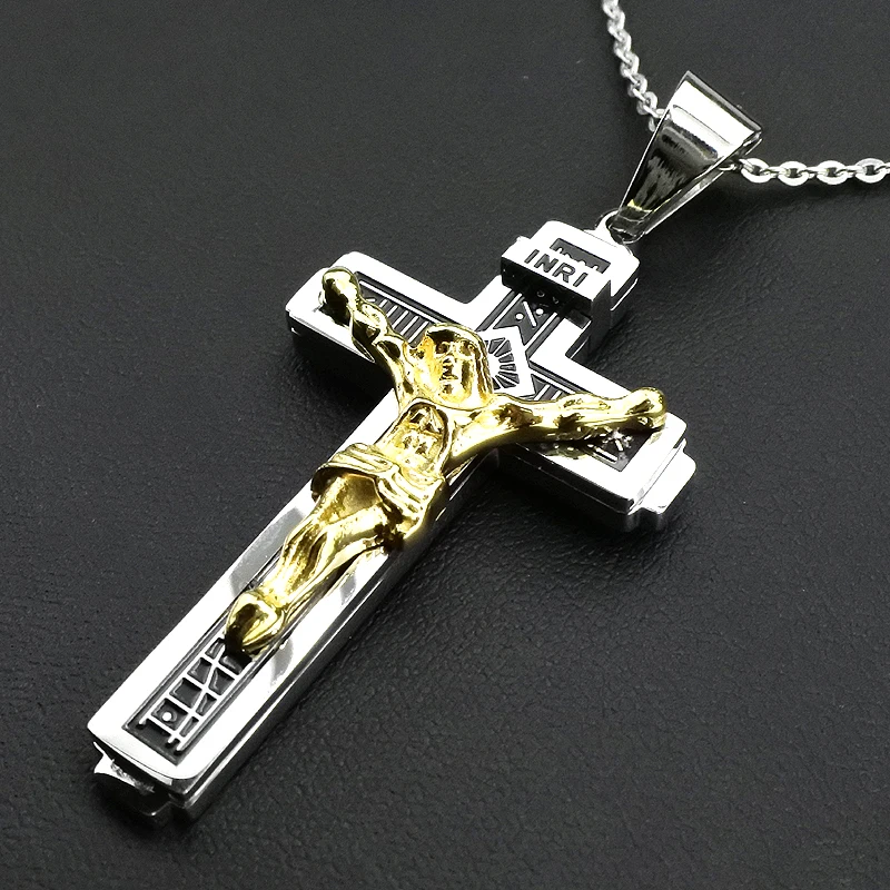 Крест AMUMIU распятие инри Иисус кулон и ожерелье из нержавеющей стали золотой цвет