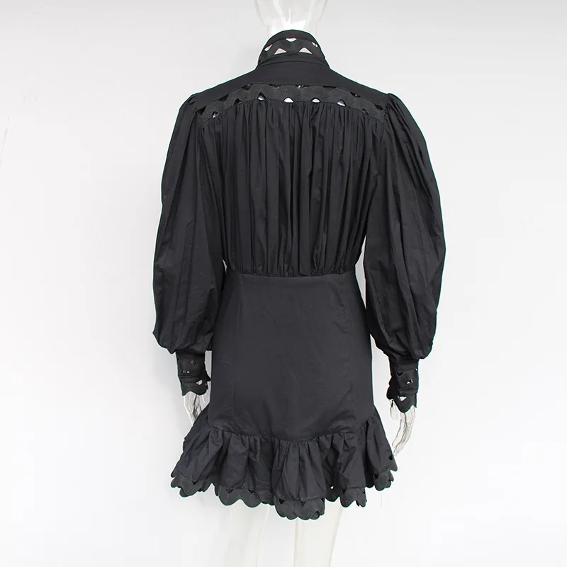 

Bodycon Dress Hollow Out Button Up Stand Collar Lantern Sleeve Dresses High Waist