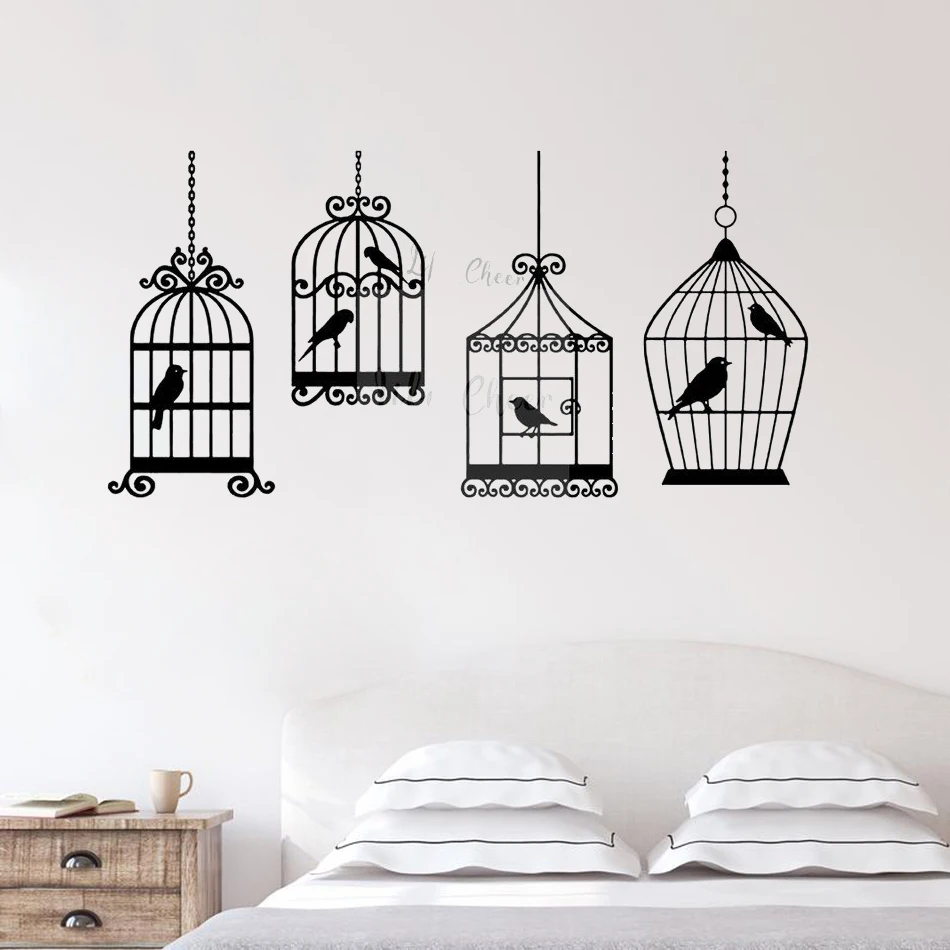 Наклейки на стену с четырьмя птицами AC081, виниловые украшения для дома, гостиной, птицы, клетки, разные типы, птичьи клетки, украшения для дерева
