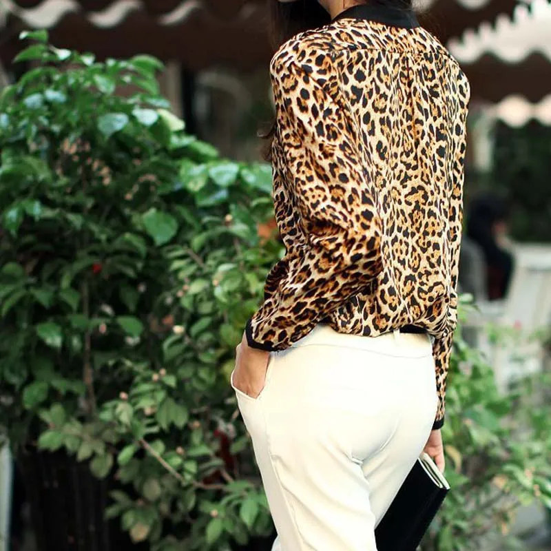 

Free Ostrich Luxury Shirt Women Long Sleeve Leopard Print Pockets Casual V-Neck Women Tops Autumn Spring Warm Blouse