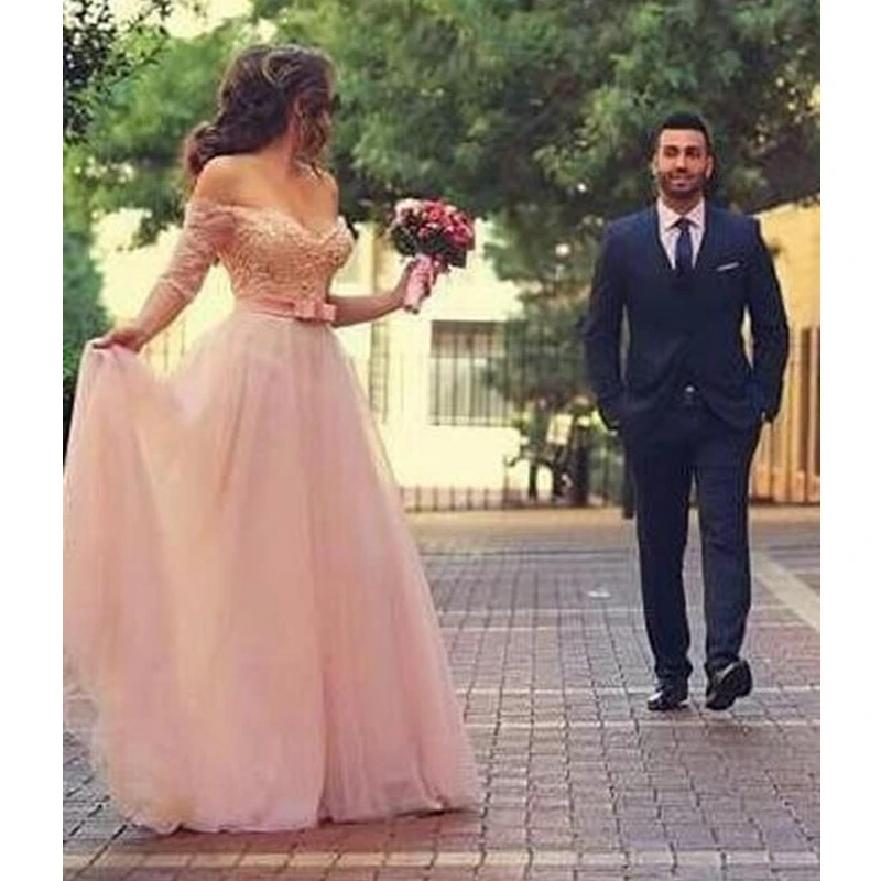 Elegant said Mhamad Lace Sleeves Straight Long Evening Dress 2017 New Hot Borns Of Pink Chiffon Floor Length | Свадьбы и торжества
