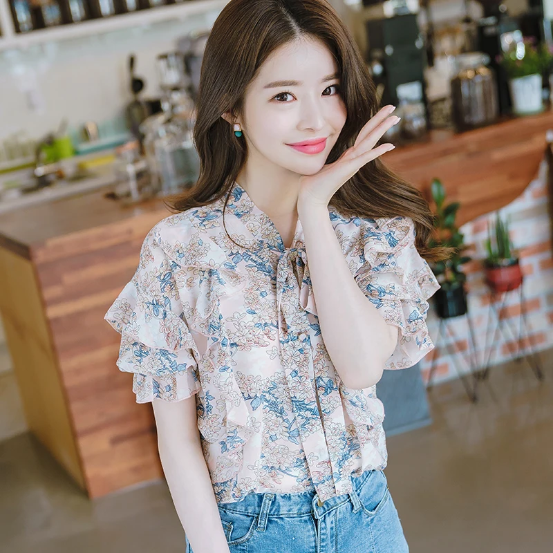 Женская шифоновая блузка с цветочным принтом воротником-стойкой | одежда