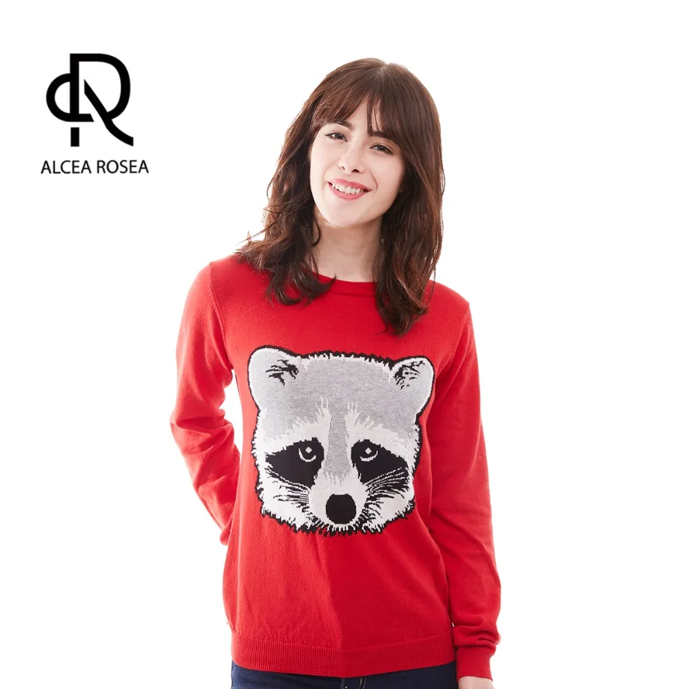 Alcea Rosea Cute Casual Red Sweater Crew Neck Animal Ringtail Penguin Jacquard Women's Knitted for Girls and Ladies 036 | Женская
