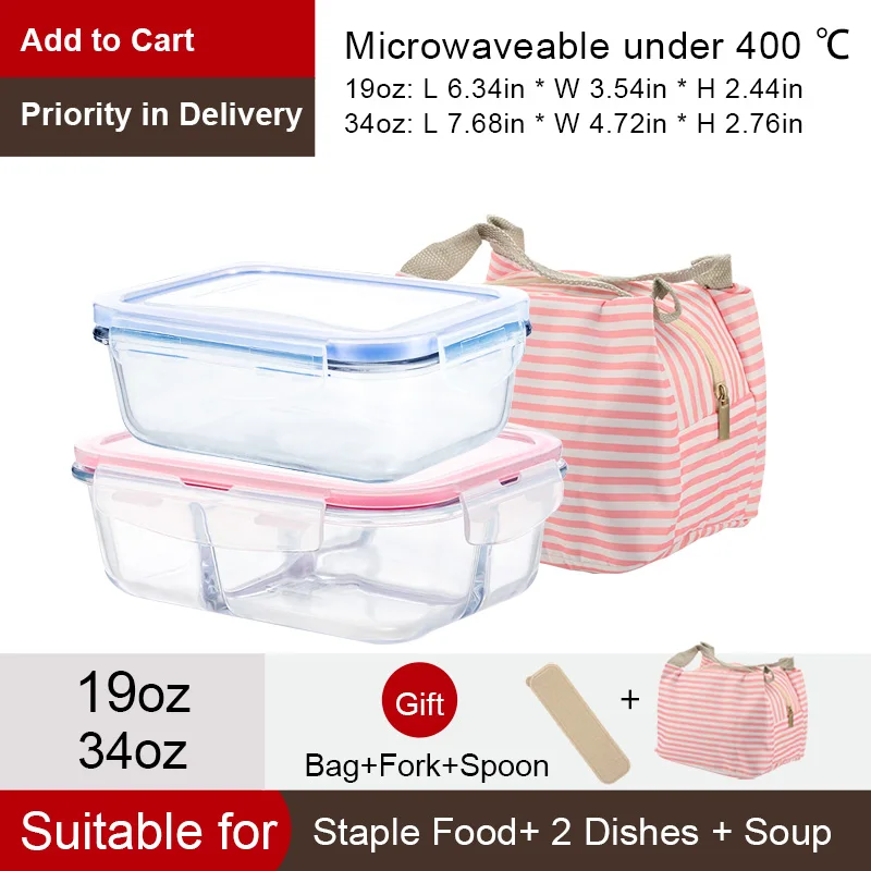 19oz-34oz-Pink Bag Здоровый материал Ланч-бокс 3 отделения коробки микроволновая посуда контейнер для хранения еды Ланч-бокс стеклянный контейнер - Цвет: 19oz-34oz-Pink Bag