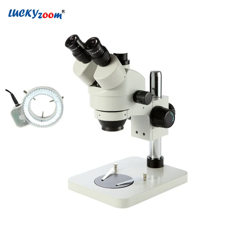 

Lucky Zoom Brand 7X-45X Table Pillar Stand Stereo Trinocular Microscope 144 LED Ring Light For PCB Inspection