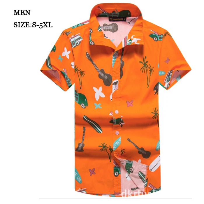 men orange 4XL 5XL Гавайи мужские рубашки с коротким рукавом Хлопок печати Повседневная мужская гавайская рубашка Пляжная рубашка гавайская женская блузка виды одежды - Цвет: men orange