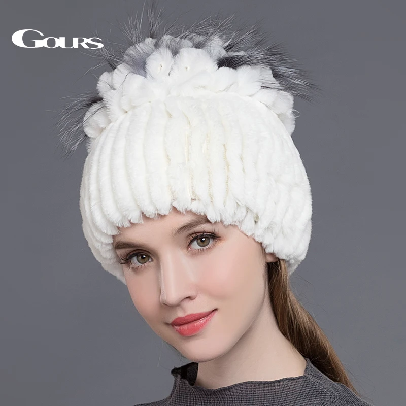 Женская меховая шапка Gours белый теплая бини из натурального меха кролика Рекс
