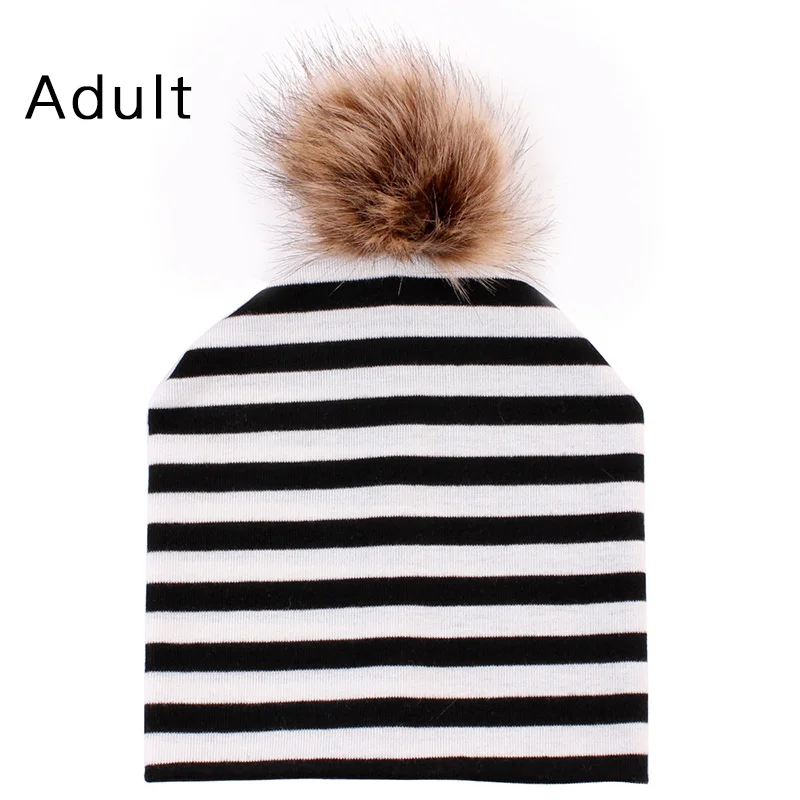 Black Stripe Mom Мама и детская зимняя шапка, теплая хлопковая шапка для женщин и детей, шапка с помпоном из меха норки, шапка с помпоном, подходящая для мамы и меня, шапочки - Цвет: Black Stripe Mom