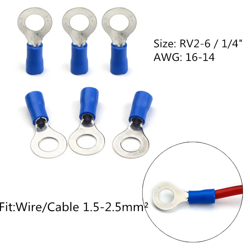 25PCS RV2-6 Blue Ring Insulated Terminals Cable Wire Connectors PVC Electrical Crimp 1/4" Suit 1.5-2.5mm Automobile | Обустройство