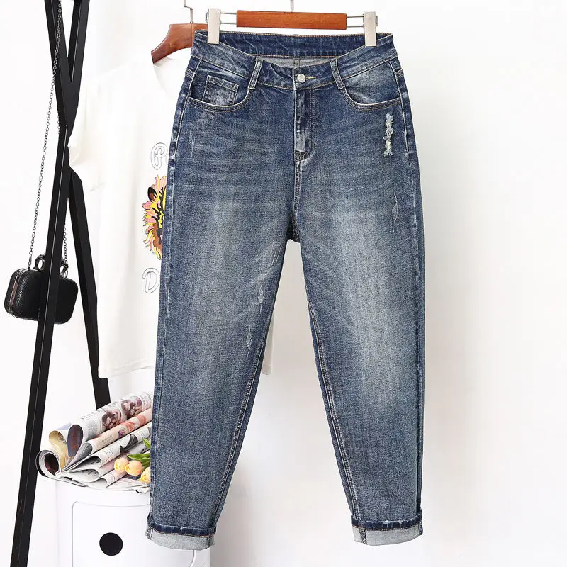 Женские синие джинсы с высокой талией размера плюс 4XL 5XL повседневные Дамские