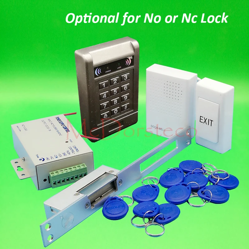 

DIY Complete 125khz Rfid Keypad Access control system Long type No NC Electric Strike Lock +Power supply+exit button+keyfobs