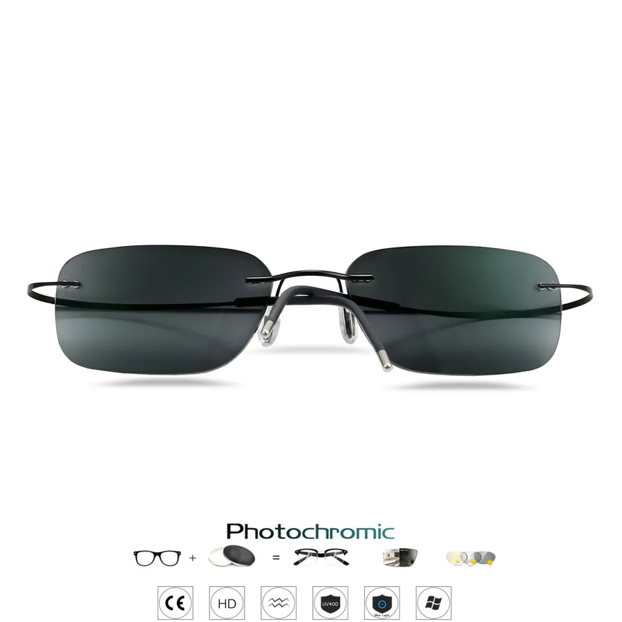 Titanium Rimless Glasses Men's Women Photochromic Gray Myopia Lens Outdoor Presbyopia Optics Eyewear -125 -150 -200 Sun Glasses