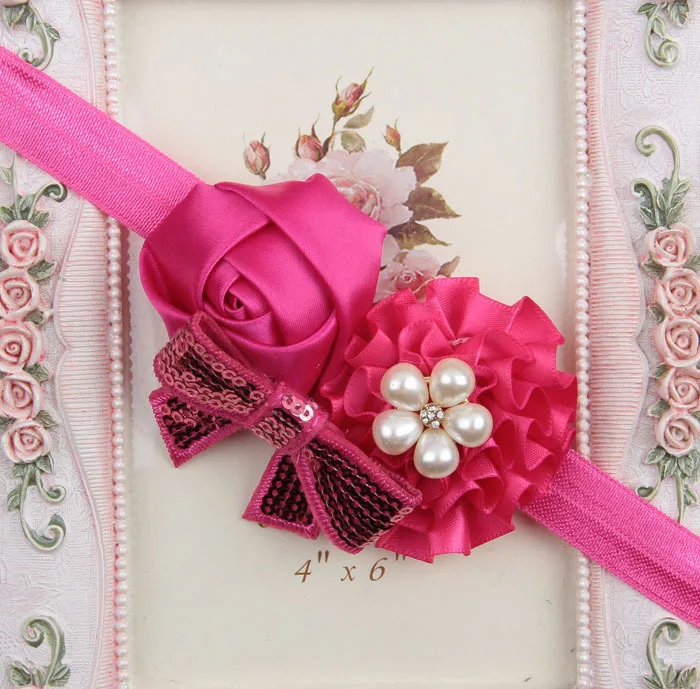 9hot pink Nishine 1 шт. цветочный ободок для волос, для девочек розовое с бантом в форме цветка и жемчугом эластичные резинки для волос аксессуары для волос для детей Головные уборы - Цвет: 9hot pink