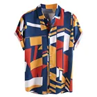 Мужская одежда 2020, мужские рубашки контрастных цветов с геометрическим принтом и отложным воротником, свободные рубашки с коротким рукавом, топы для мужчин размера плюс