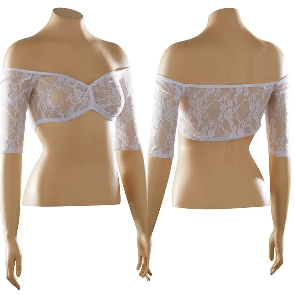 White Womens Plus Size Strapless Off Shoulder Crop Top Seamless Arm Shaper Short Sleeve Cropped Navel Lace Top Perspective Underwear - Color: White