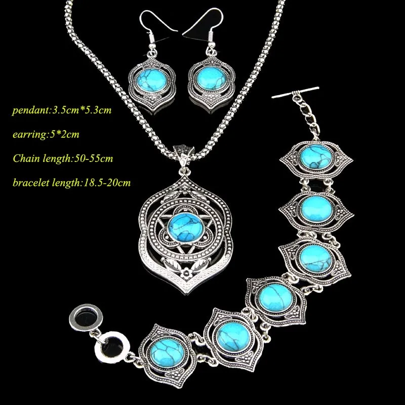 Новый стиль античное серебро зеленая бирюза натуральное ожерелье серьги браслет