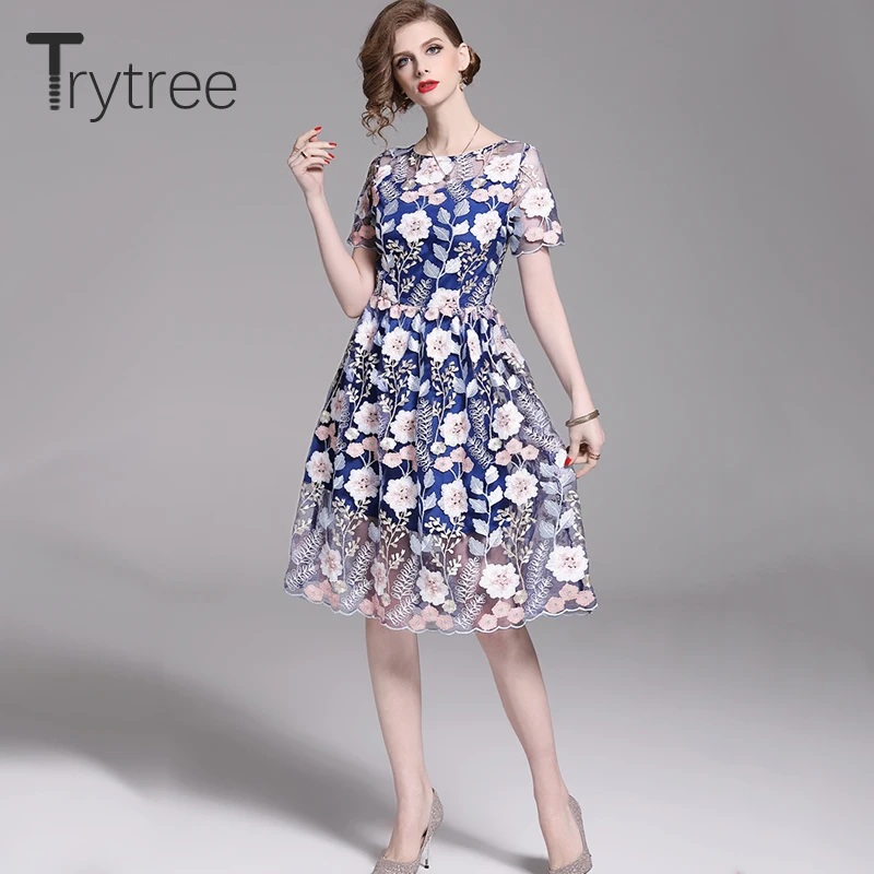 Trytree 2019 летнее повседневное Цветочное платье с вышивкой и О-образным вырезом из